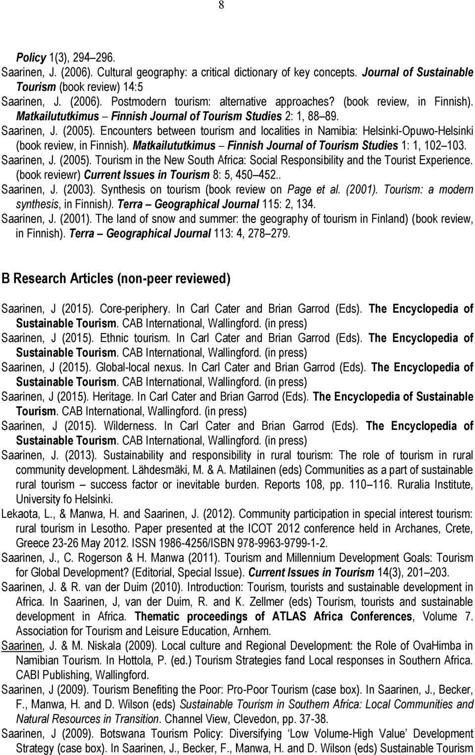 Encounters between tourism and localities in Namibia: Helsinki-Opuwo-Helsinki (book review, in Finnish). Matkailututkimus Finnish Journal of Tourism Studies 1: 1, 102 103. Saarinen, J. (2005).