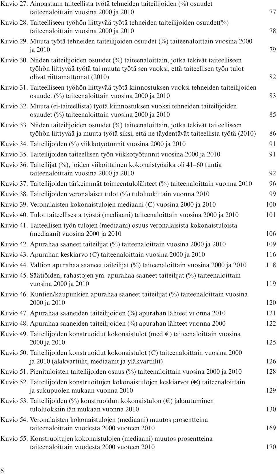 Muuta työtä tehneiden taiteilijoiden osuudet (%) taiteenaloittain vuosina 2000 ja 2010 79 Kuvio 30.