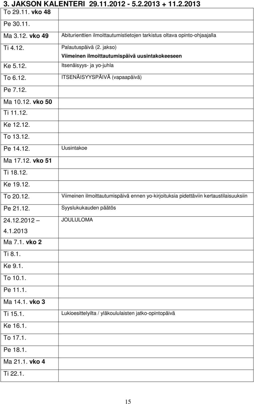 12. vko 51 Ti 18.12. Ke 19.12. To 20.12. Pe 21.12. 24.12.2012 4.1.2013 Ma 7.1. vko 2 Viimeinen ilmoittautumispäivä ennen yo-kirjoituksia pidettäviin kertaustilaisuuksiin Syyslukukauden päätös JOULULOMA Ti 8.