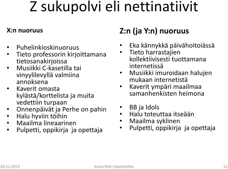 opettaja Z:n (ja Y:n) nuoruus Eka kännykkä päivähoitoiässä Tieto harrastajien kollektiivisesti tuottamana internetissä Musiikki imuroidaan halujen mukaan
