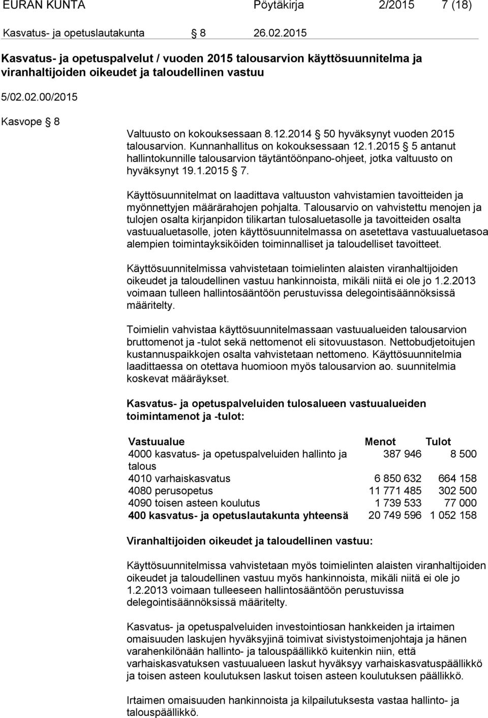 2014 50 hyväksynyt vuoden 2015 talousarvion. Kunnanhallitus on kokouksessaan 12.1.2015 5 antanut hallintokunnille talousarvion täytäntöönpano-ohjeet, jotka valtuusto on hyväksynyt 19.1.2015 7.