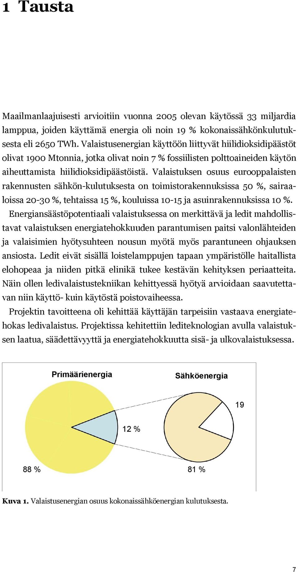 Valaistuksen osuus eurooppalaisten rakennusten sähkön-kulutuksesta on toimistorakennuksissa 50 %, sairaaloissa 20-30 %, tehtaissa 15 %, kouluissa 10-15 ja asuinrakennuksissa 10 %.