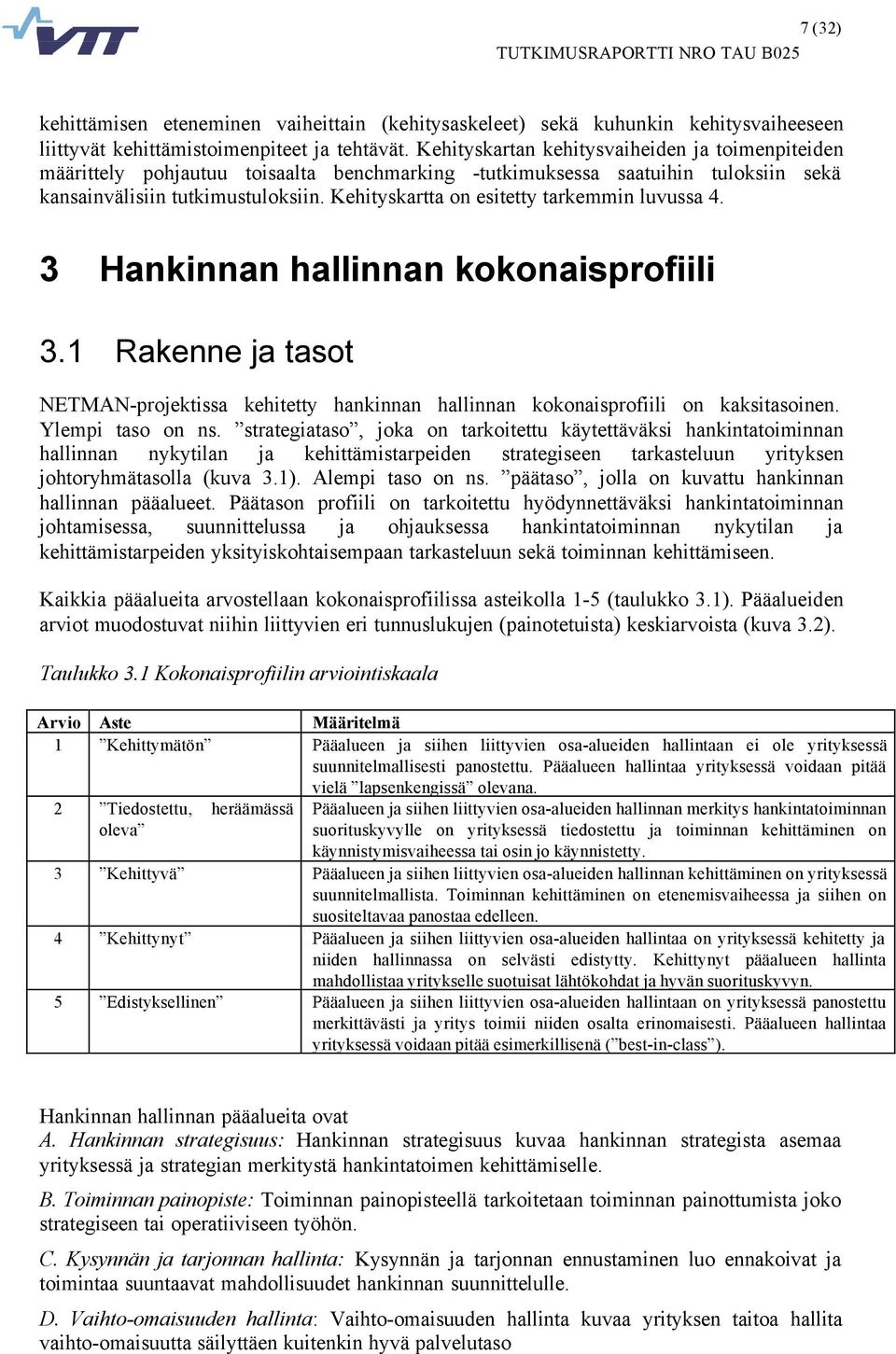 Kehityskartta on esitetty tarkemmin luvussa 4. 3 Hankinnan hallinnan kokonaisprofiili 3.1 Rakenne ja tasot NETMAN-projektissa kehitetty hankinnan hallinnan kokonaisprofiili on kaksitasoinen.