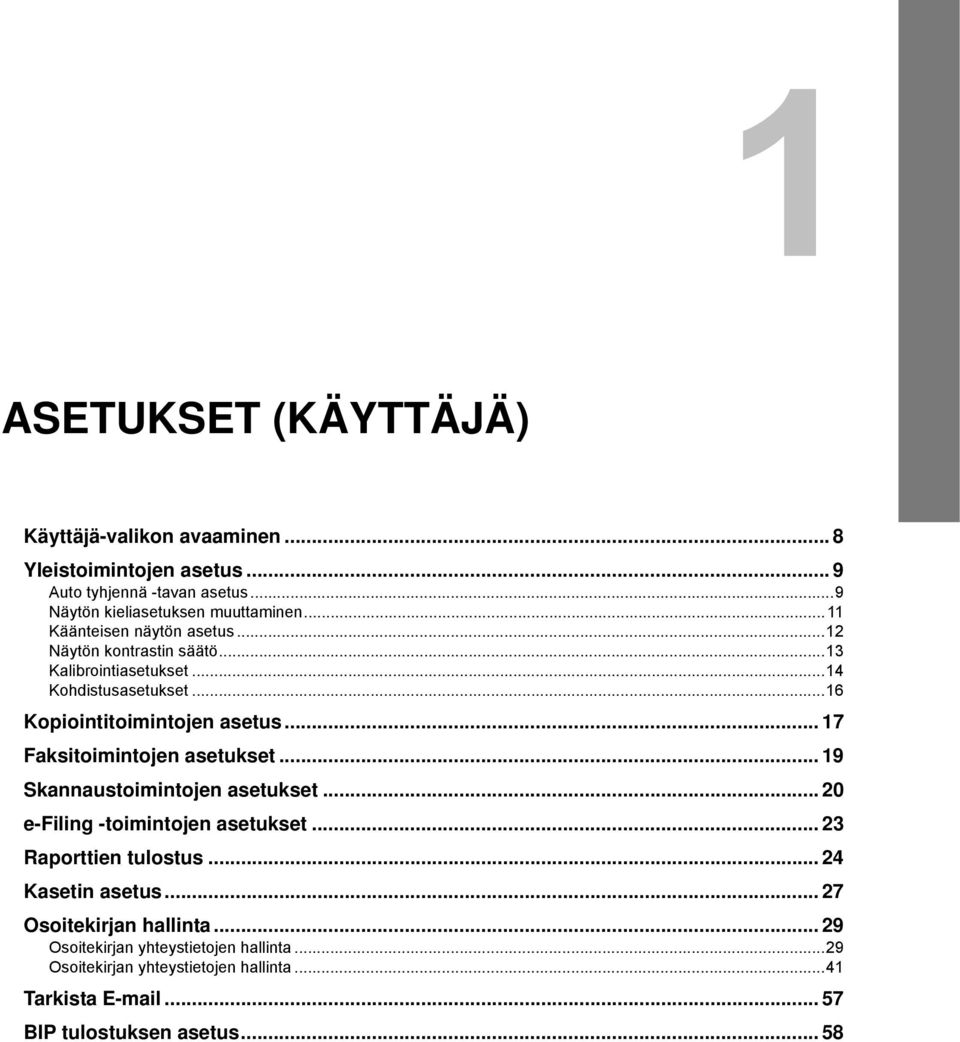 .. 7 Faksitoimintojen asetukset... 9 Skannaustoimintojen asetukset... 0 e-filing -toimintojen asetukset... 3 Raporttien tulostus... 4 Kasetin asetus.