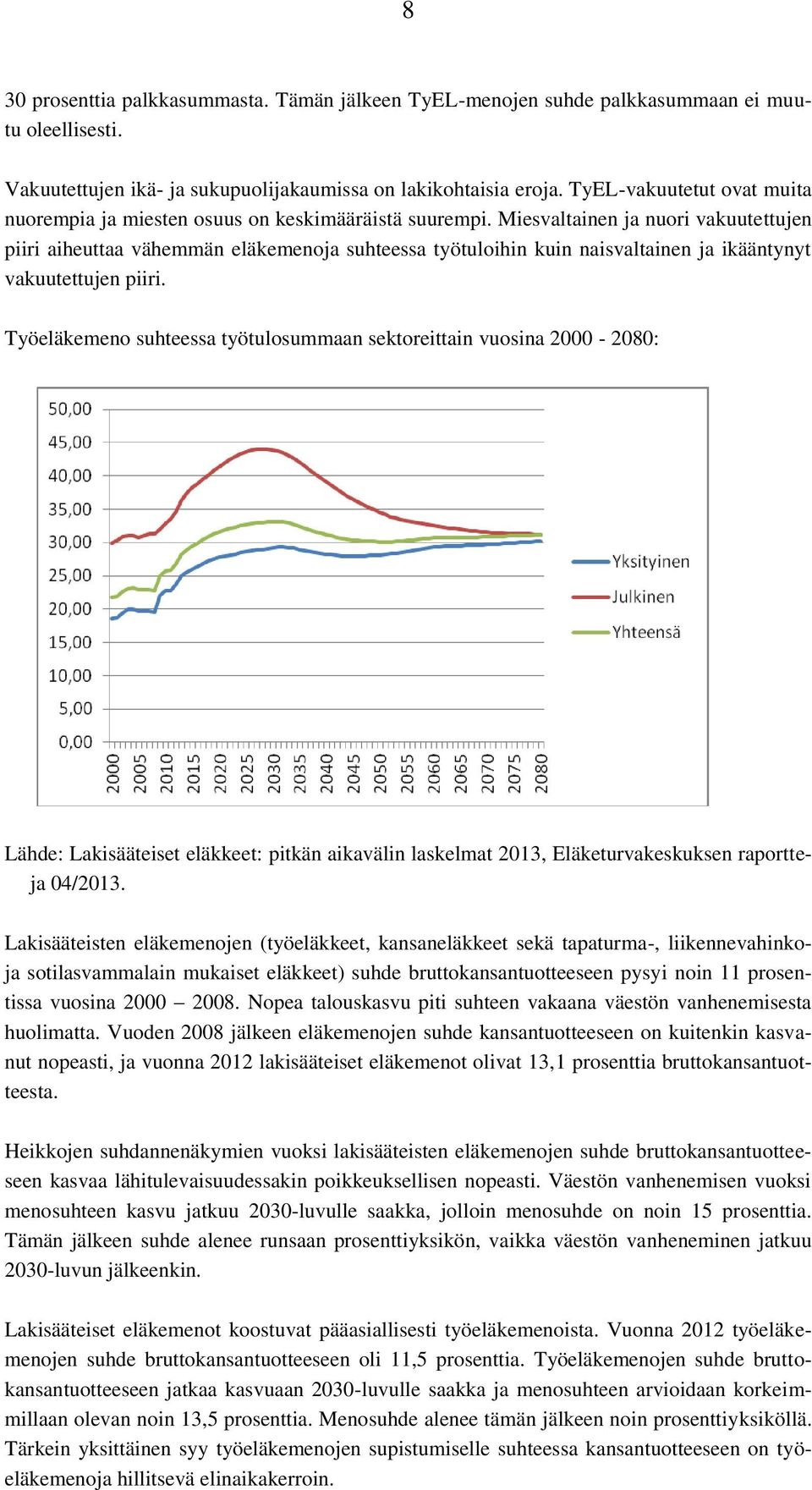 Miesvaltainen ja nuori vakuutettujen piiri aiheuttaa vähemmän eläkemenoja suhteessa työtuloihin kuin naisvaltainen ja ikääntynyt vakuutettujen piiri.