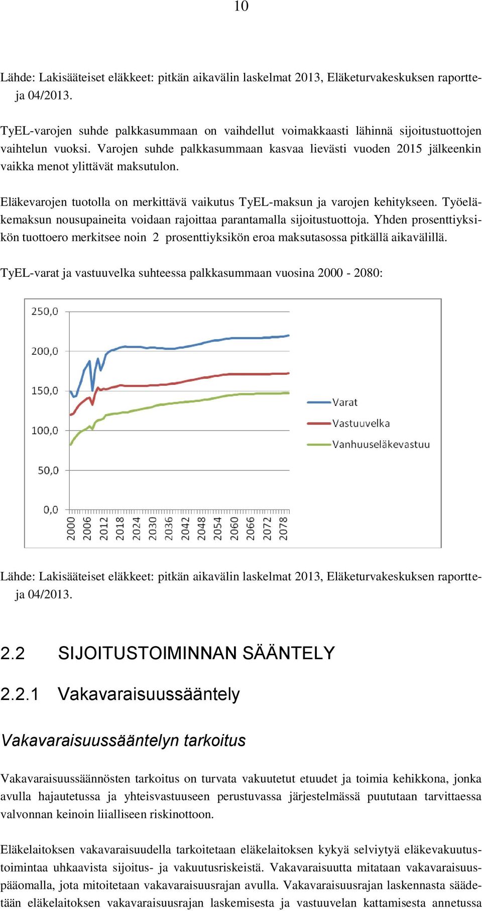 Varojen suhde palkkasummaan kasvaa lievästi vuoden 2015 jälkeenkin vaikka menot ylittävät maksutulon. Eläkevarojen tuotolla on merkittävä vaikutus TyEL-maksun ja varojen kehitykseen.