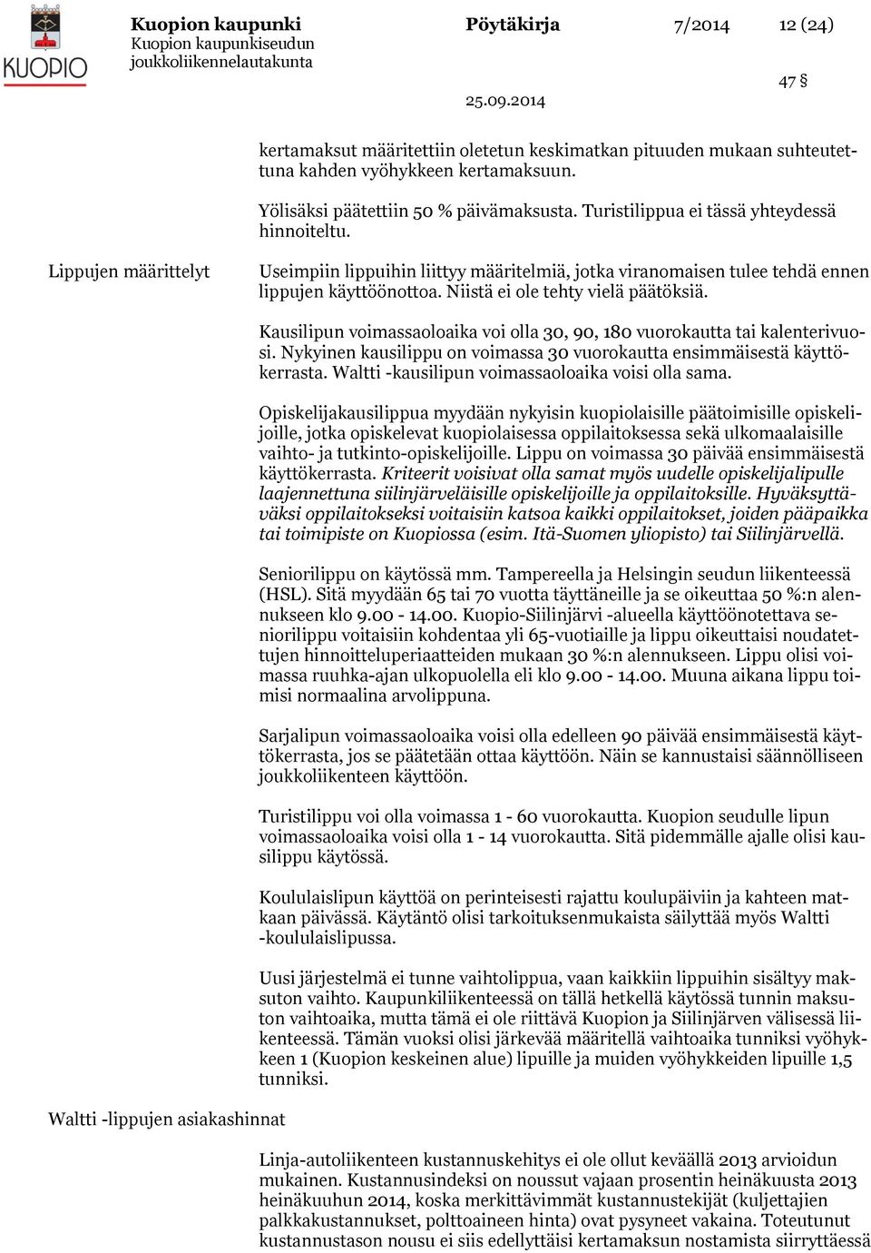 Niistä ei ole tehty vielä päätöksiä. Waltti -lippujen asiakashinnat Kausilipun voimassaoloaika voi olla 30, 90, 180 vuorokautta tai kalenterivuosi.