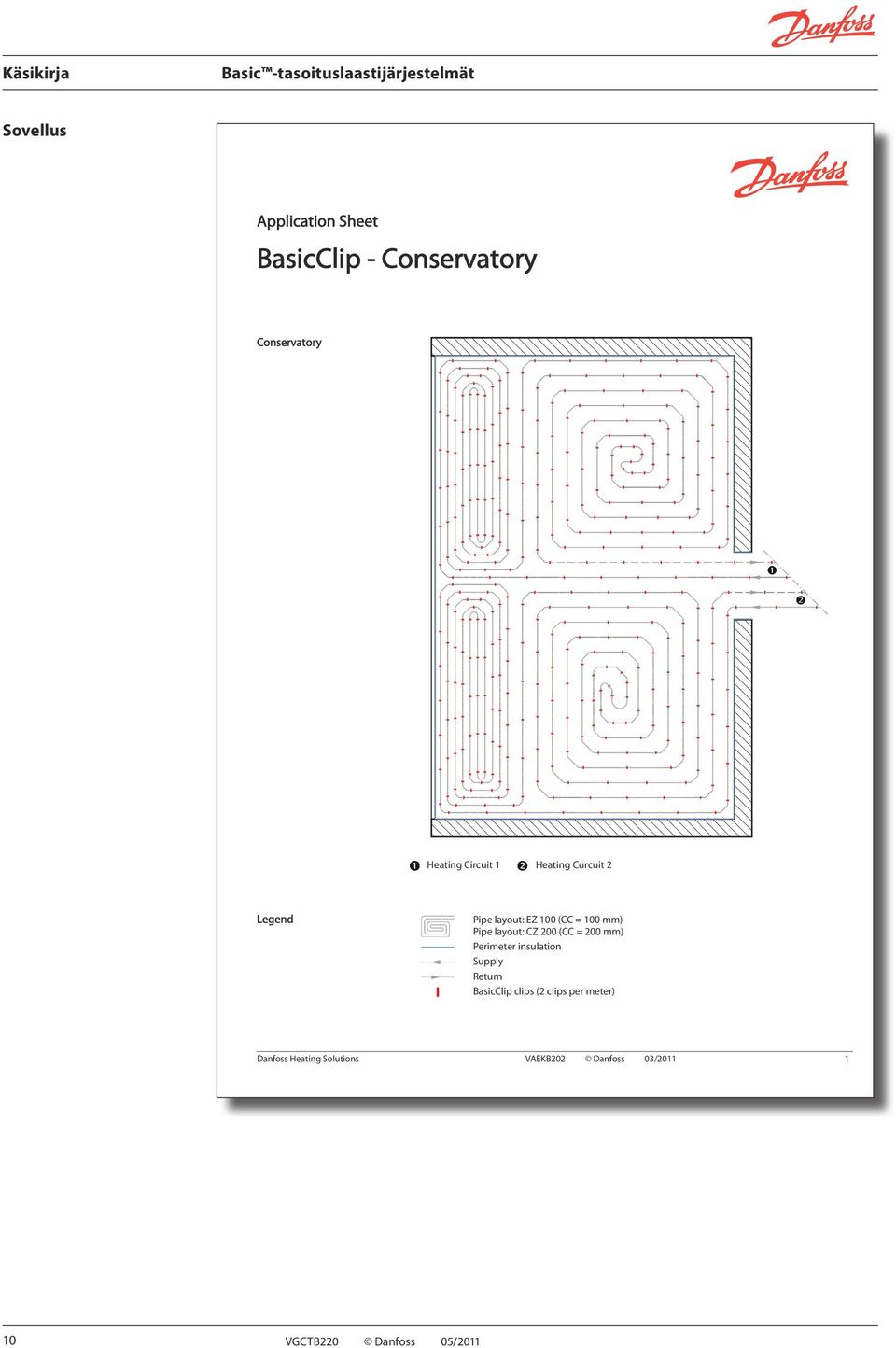 = 100 mm) Pipe layout: CZ 200 (CC = 200 mm) Perimeter insulation Supply Return