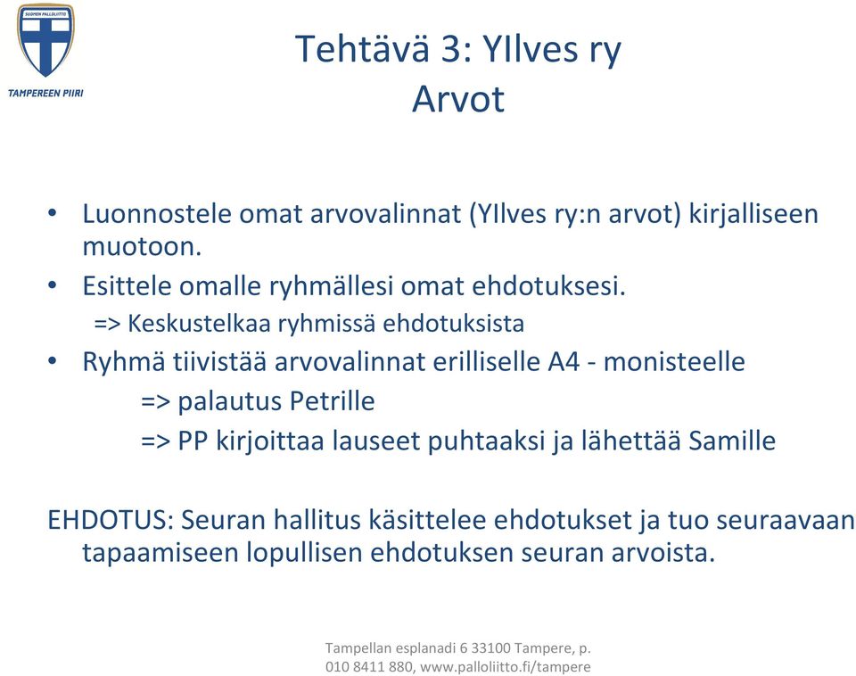 => Keskustelkaa ryhmissä ehdotuksista Ryhmä tiivistää arvovalinnat erilliselle A4 - monisteelle => palautus