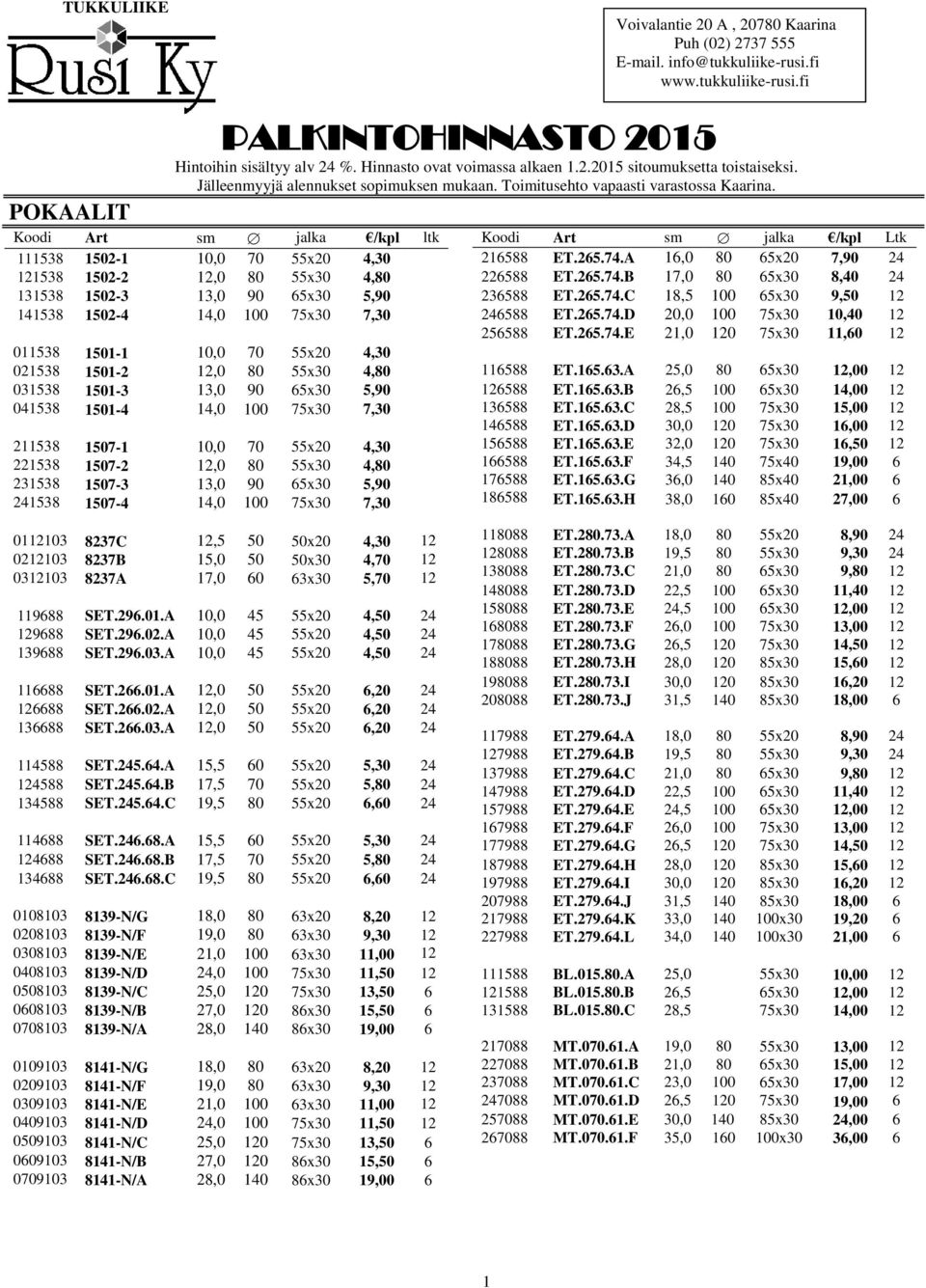 POKAALIT Koodi Art sm jalka /kpl ltk 111538 1502-1 10,0 70 55x20 4,30 121538 1502-2 12,0 80 55x30 4,80 131538 1502-3 13,0 90 65x30 5,90 141538 1502-4 14,0 100 75x30 7,30 011538 1501-1 10,0 70 55x20