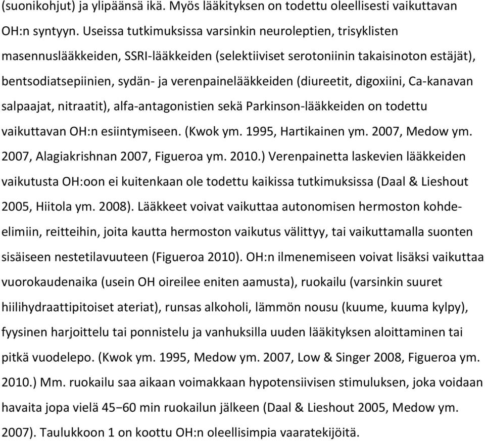 (diureetit, digoxiini, Ca-kanavan salpaajat, nitraatit), alfa-antagonistien sekä Parkinson-lääkkeiden on todettu vaikuttavan OH:n esiintymiseen. (Kwok ym. 1995, Hartikainen ym. 2007, Medow ym.