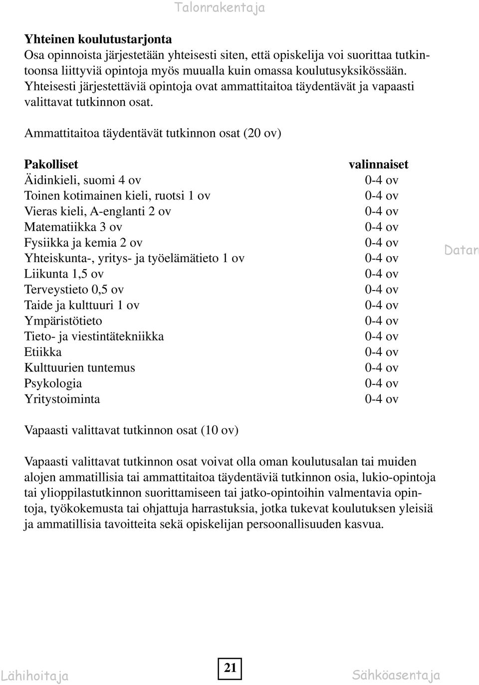 Ammattitaitoa täydentävät tutkinnon osat (20 ov) Pakolliset Äidinkieli, suomi 4 ov Toinen kotimainen kieli, ruotsi 1 ov Vieras kieli, A-englanti 2 ov Matematiikka 3 ov Fysiikka ja kemia 2 ov