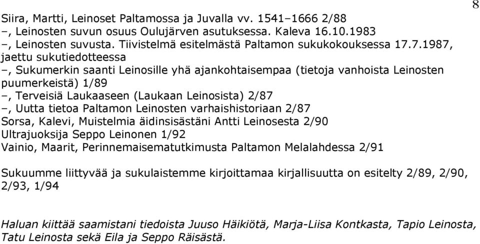 7.1987, jaettu sukutiedotteessa, Sukumerkin saanti Leinosille yhä ajankohtaisempaa (tietoja vanhoista Leinosten puumerkeistä) 1/89, Terveisiä Laukaaseen (Laukaan Leinosista) 2/87, Uutta tietoa