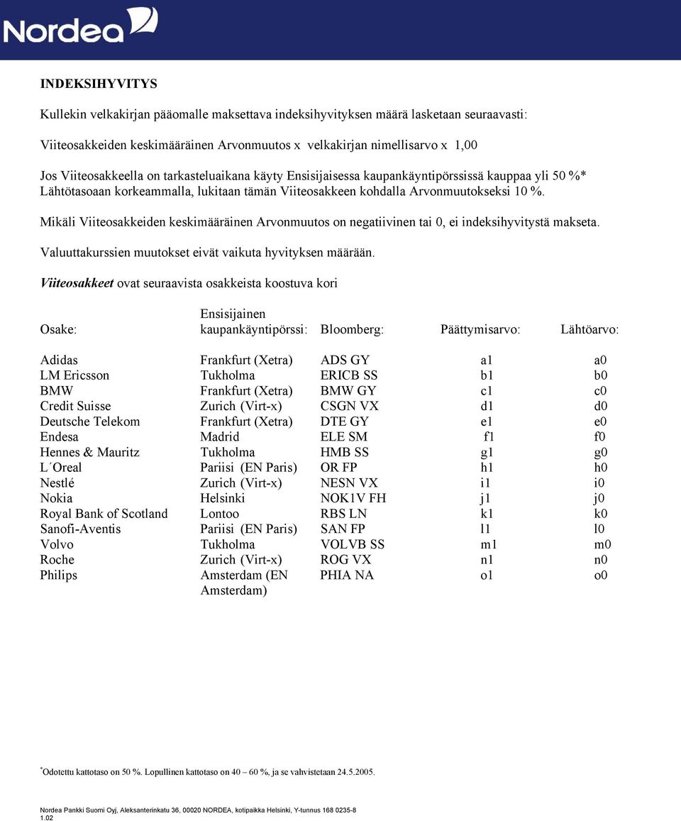 Mikäli Viiteosakkeiden keskimääräinen Arvonmuutos on negatiivinen tai, ei indeksihyvitystä makseta. Valuuttakurssien muutokset eivät vaikuta hyvityksen määrään.