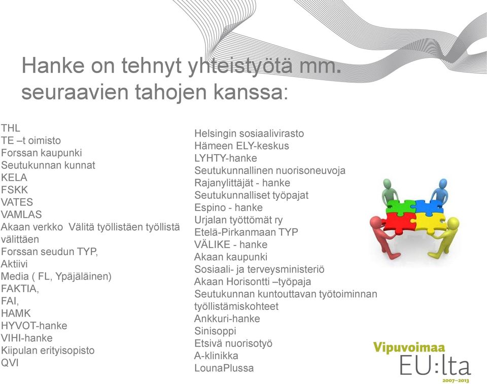 Aktiivi Media ( FL, Ypäjäläinen) FAKTIA, FAI, HAMK HYVOT-hanke VIHI-hanke Kiipulan erityisopisto QVI Helsingin sosiaalivirasto Hämeen ELY-keskus LYHTY-hanke Seutukunnallinen