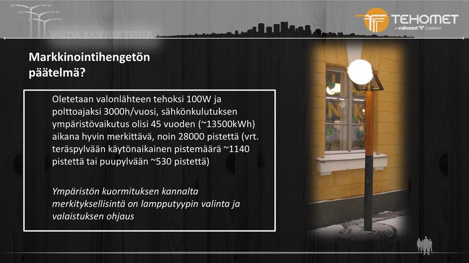 ympäristövaikutus olisi 45 vuoden (~13500kWh) aikana hyvin merkittävä, noin 28000 pistettä (vrt.