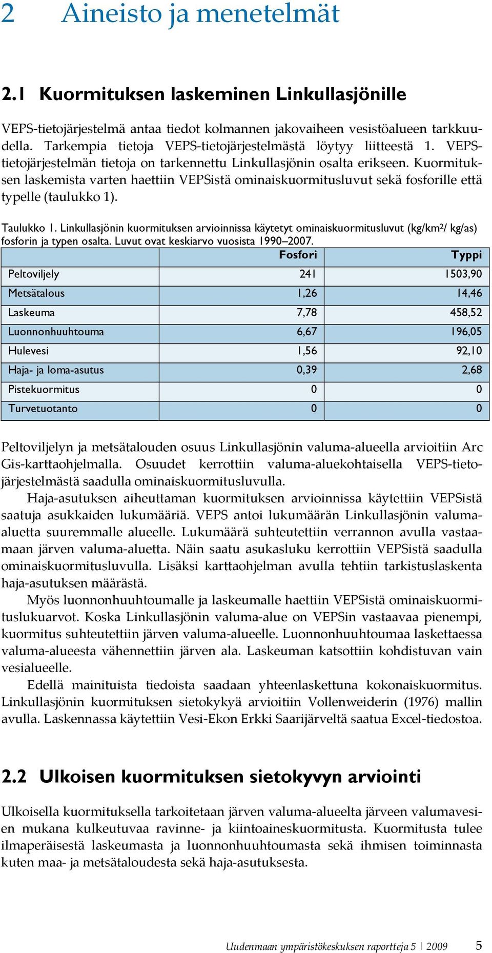 Kuormituksen laskemista varten haettiin VEPSistä ominaiskuormitusluvut sekä fosforille että typelle (taulukko 1). Taulukko 1.