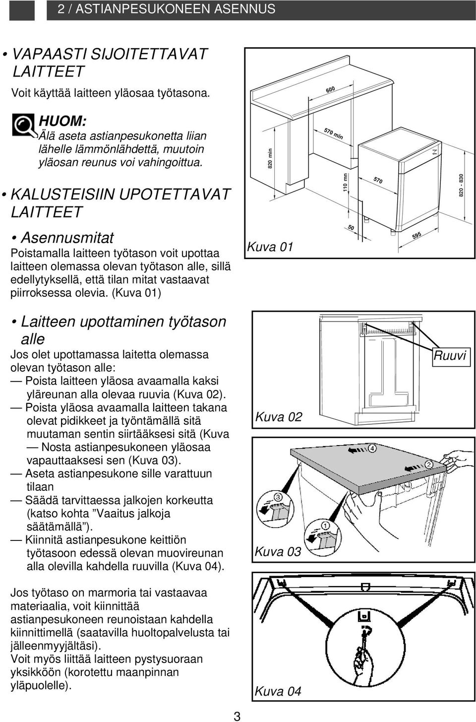 (Kuva 01) Laitteen upottaminen työtason alle Jos olet upottamassa laitetta olemassa olevan työtason alle: Poista laitteen yläosa avaamalla kaksi yläreunan alla olevaa ruuvia (Kuva 02).