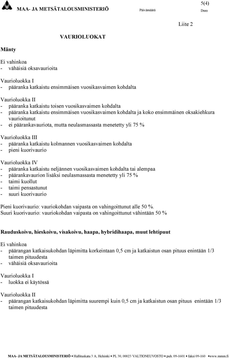 neulasmassasta menetetty yli 75 % Vaurioluokka III - pääranka katkaistu kolmannen vuosikasvaimen kohdalta - pieni kuorivaurio Vaurioluokka IV - pääranka katkaistu neljännen vuosikasvaimen kohdalta