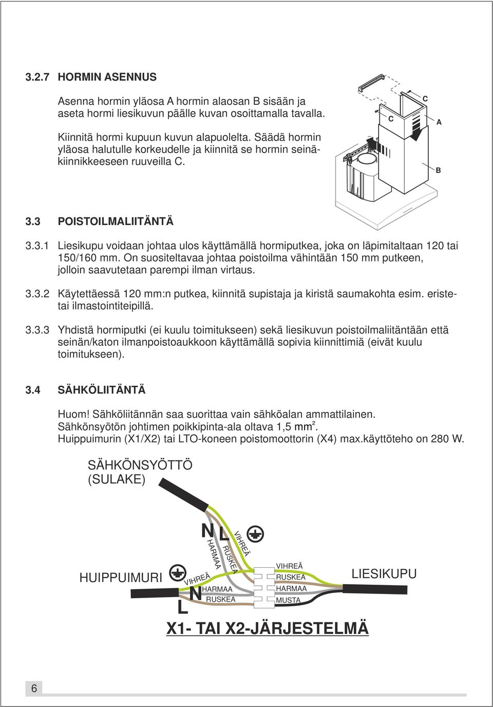 3 POISTOILMALIITÄNTÄ 3.3.1 Liesikupu voidaan johtaa ulos käyttämällä hormiputkea, joka on läpimitaltaan 120 tai 150/160 mm.