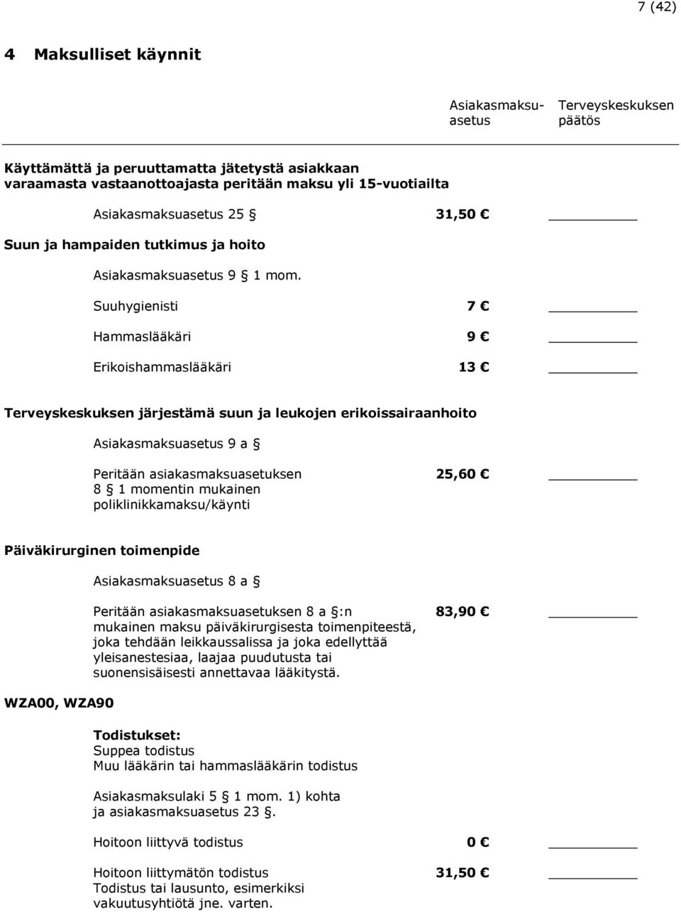 Suuhygienisti 7 Hammaslääkäri 9 Erikoishammaslääkäri 13 Terveyskeskuksen järjestämä suun ja leukojen erikoissairaanhoito Asiakasmaksuasetus 9 a Peritään asiakasmaksuasetuksen 25,60 8 1 momentin