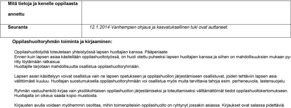 Pääperiaate: Ennen kuin lapsen asiaa käsitellään oppilashuoltotyössä, on huoli otettu puheeksi lapsen huoltajien kanssa ja siihen on mahdollisuuksien mukaan pyritty löytämään ratkaisua.