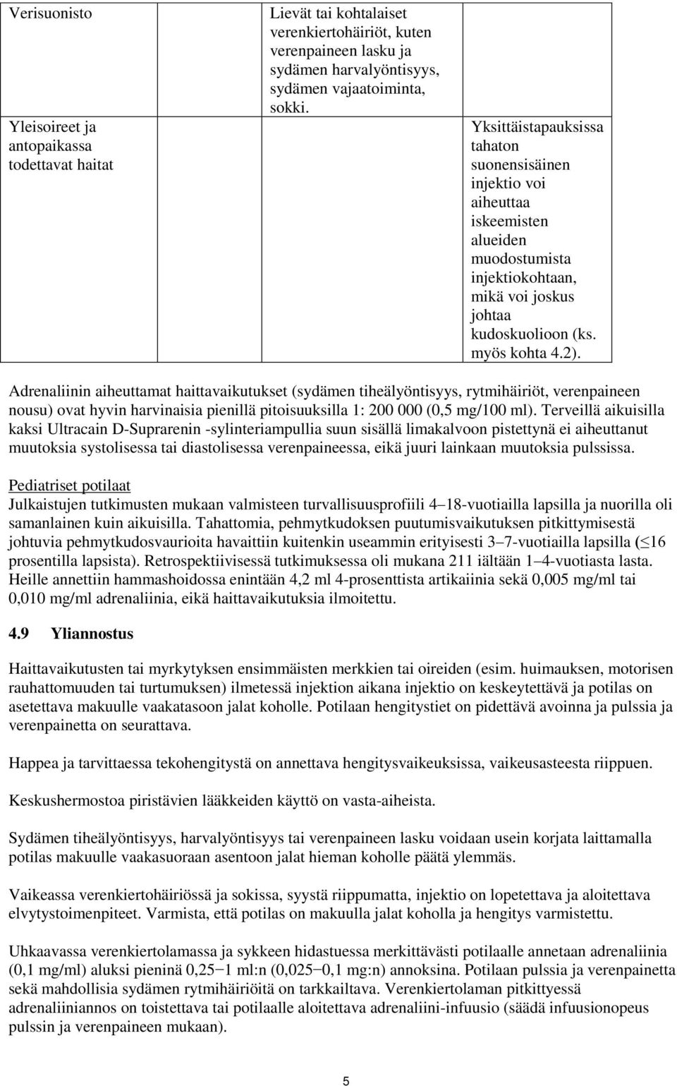 Adrenaliinin aiheuttamat haittavaikutukset (sydämen tiheälyöntisyys, rytmihäiriöt, verenpaineen nousu) ovat hyvin harvinaisia pienillä pitoisuuksilla 1: 200 000 (0,5 mg/100 ml).