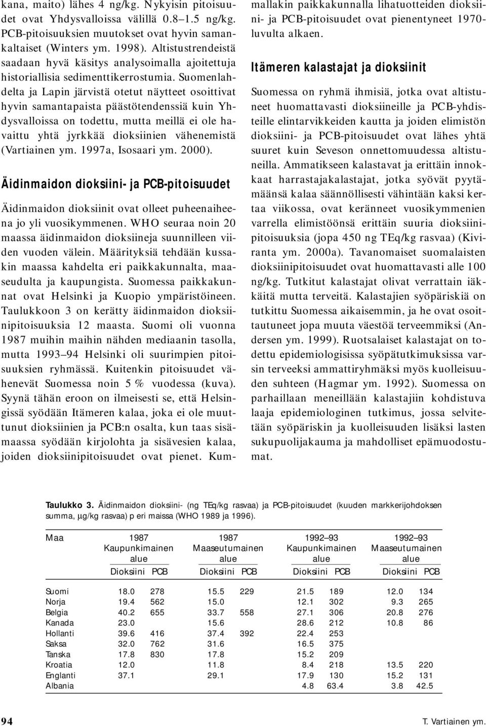 Suomenlahdelta ja Lapin järvistä otetut näytteet osoittivat hyvin samantapaista päästötendenssiä kuin Yhdysvalloissa on todettu, mutta meillä ei ole havaittu yhtä jyrkkää dioksiinien vähenemistä