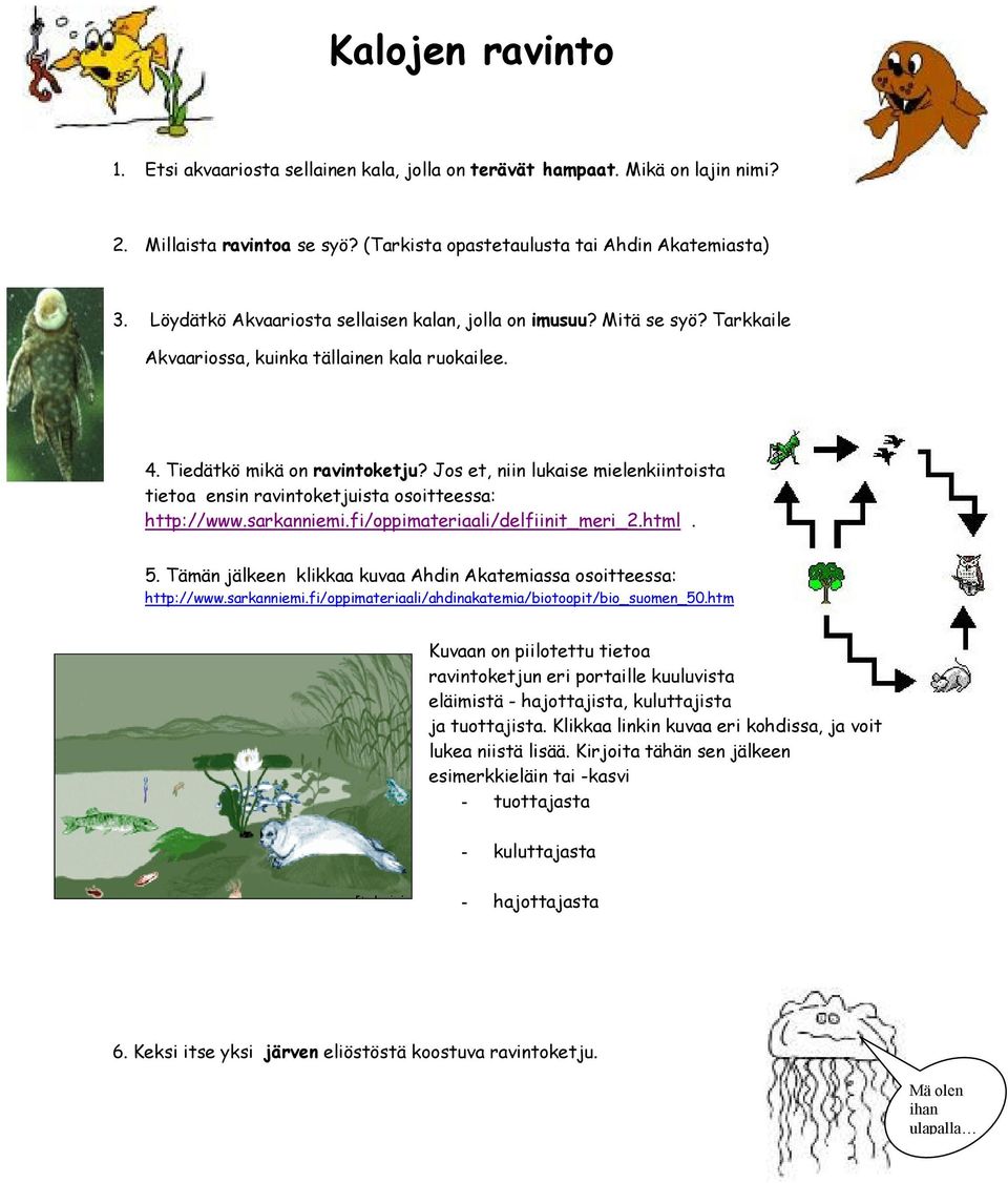 Jos et, niin lukaise mielenkiintoista tietoa ensin ravintoketjuista osoitteessa: http://www.sarkanniemi.fi/oppimateriaali/delfiinit_meri_2.html. 5.