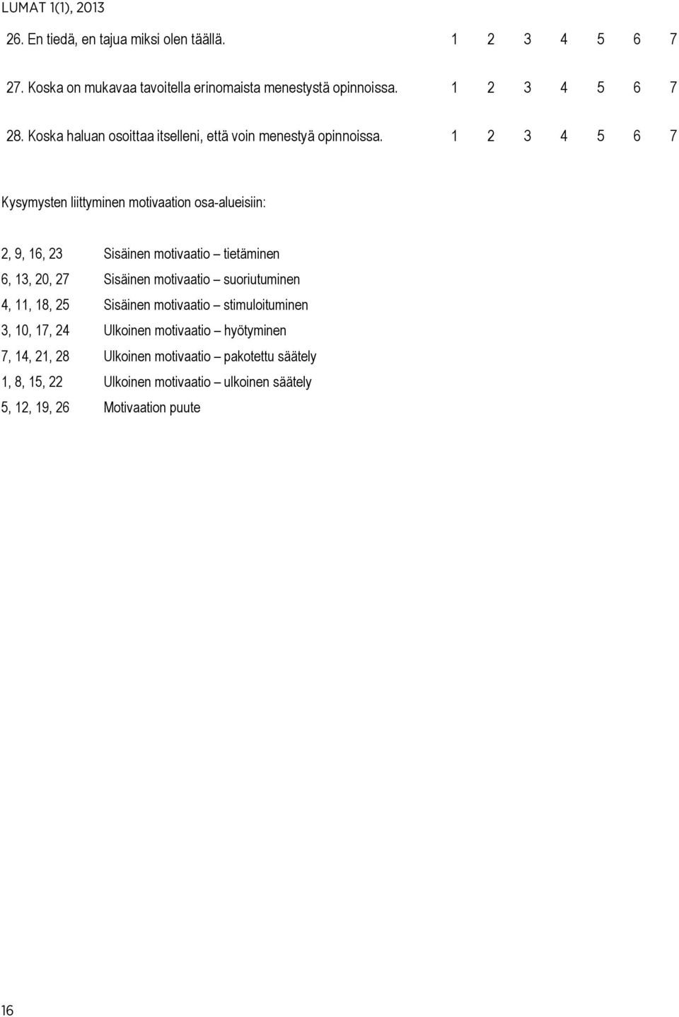 Kysymysten liittyminen motivaation osa-alueisiin: 2, 9, 16, 23 Sisäinen motivaatio tietäminen 6, 13, 20, 27 Sisäinen motivaatio