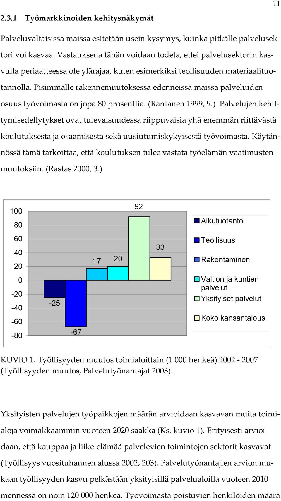 Pisimmälle rakennemuutoksessa edenneissä maissa palveluiden osuus työvoimasta on jopa 80 prosenttia. (Rantanen 1999, 9.