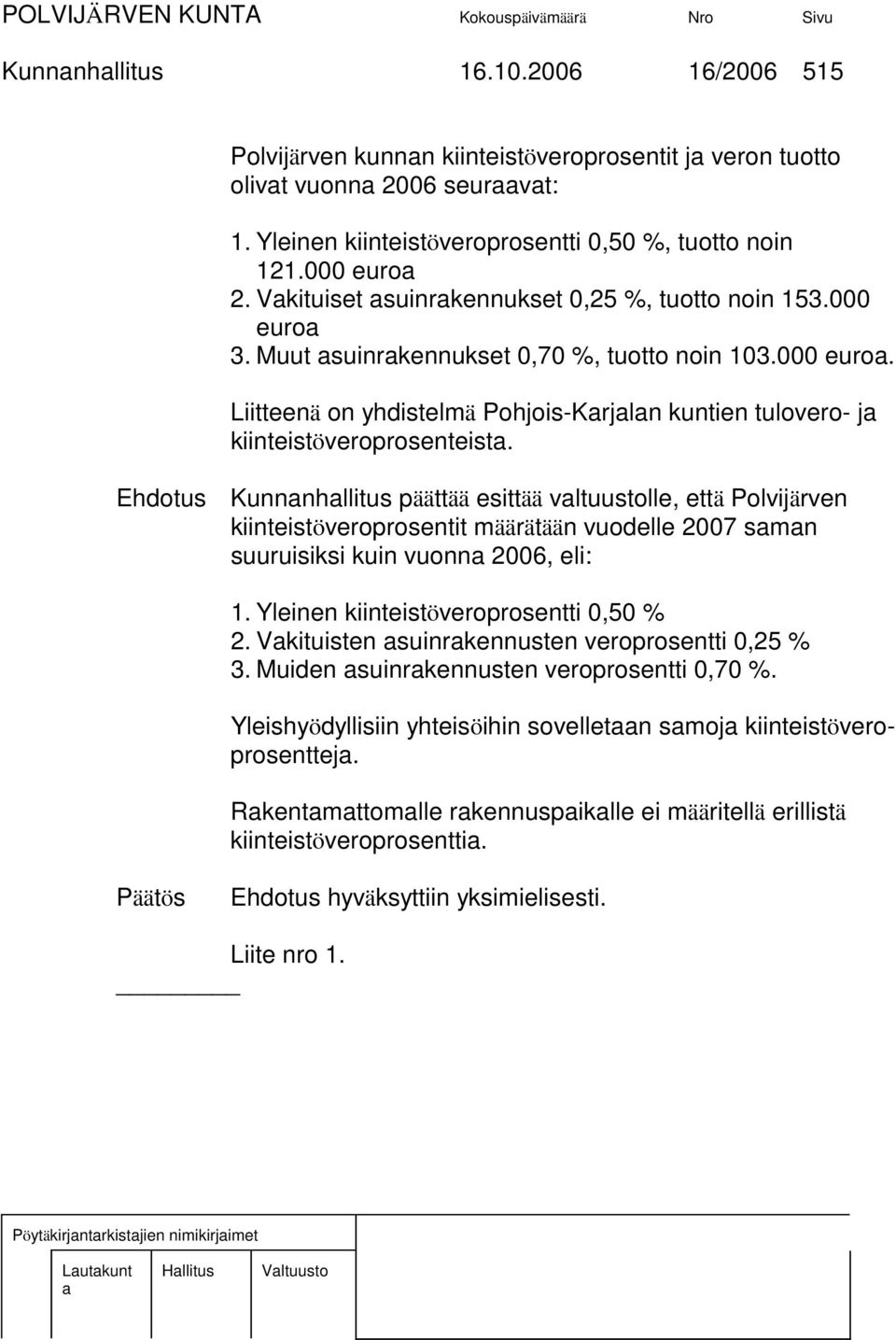 Ehdotus Kunnnhllitus päättää esittää vltuustolle, että Polvijärven kiinteistöveroprosentit määrätään vuodelle 2007 smn suuruisiksi kuin vuonn 2006, eli: 1. Yleinen kiinteistöveroprosentti 0,50 % 2.