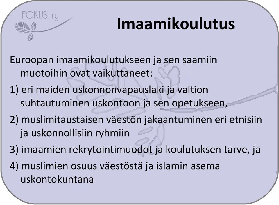 muslimitaustaisen väestön jakaantuminen eri etnisiin ja uskonnollisiin ryhmiin 3) imaamien
