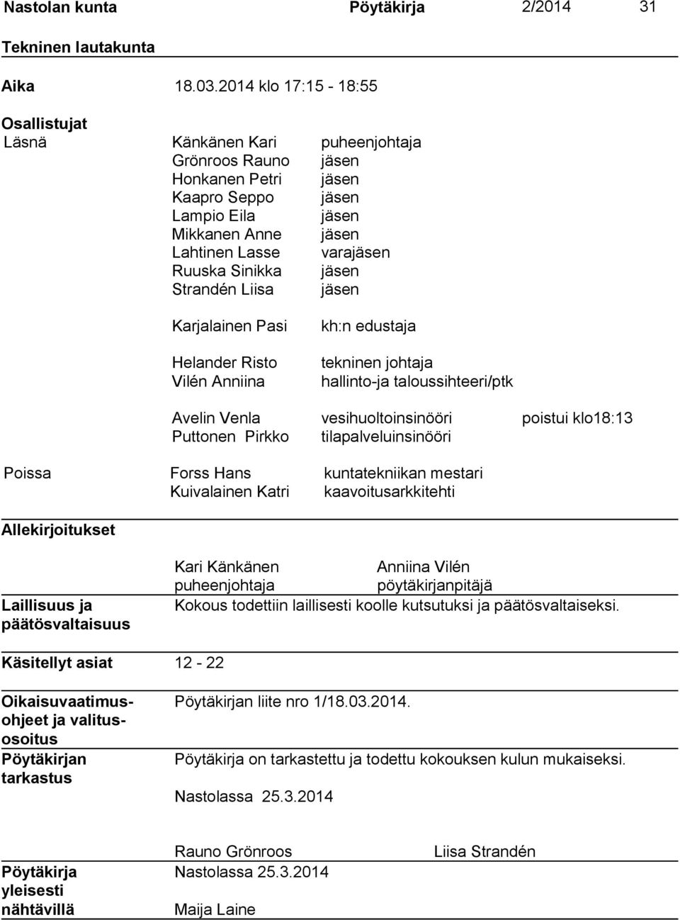 Sinikka jäsen Strandén Liisa jäsen Karjalainen Pasi Helander Risto Vilén Anniina kh:n edustaja tekninen johtaja hallinto-ja taloussihtee ri/ptk Avelin Venla vesihuoltoinsinööri poistui klo18:13