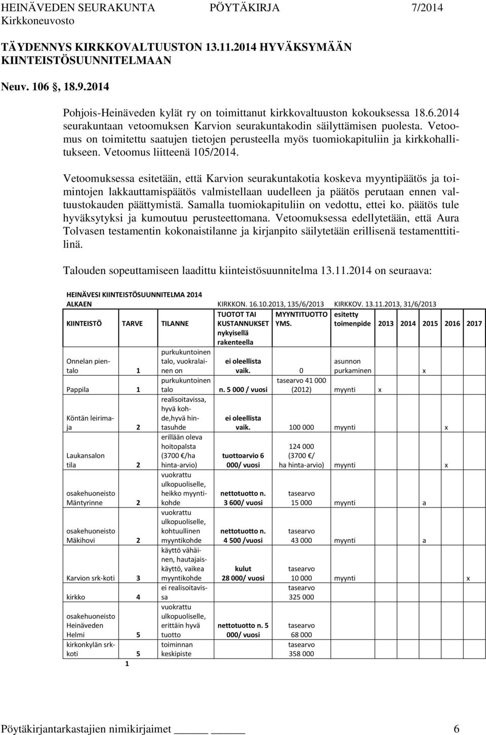 Vetoomuksessa esitetään, että Karvion seurakuntakotia koskeva myyntipäätös ja toimintojen lakkauttamispäätös valmistellaan uudelleen ja päätös perutaan ennen valtuustokauden päättymistä.