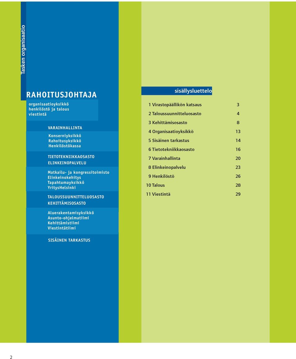 Virastopäällikön katsaus 3 2 Taloussuunnitteluosasto 4 3 Kehittämisosasto 8 4 Organisaatioyksikkö 13 5 Sisäinen tarkastus 14 6 Tietotekniikkaosasto 16 7