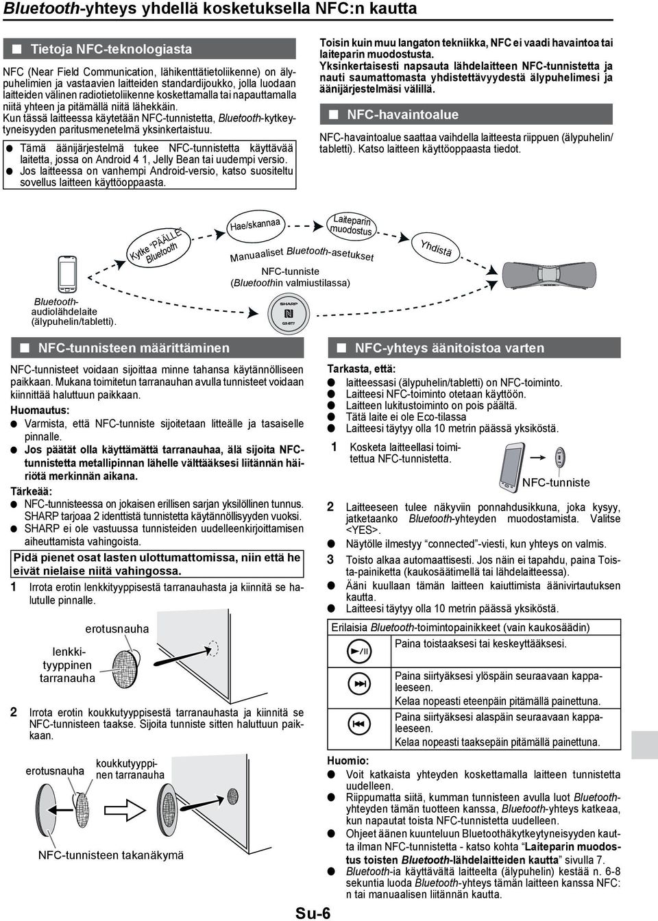 Kun tässä laitteessa käytetään NFC-tunnistetta, Bluetooth-kytkeytyneisyyden paritusmenetelmä yksinkertaistuu.