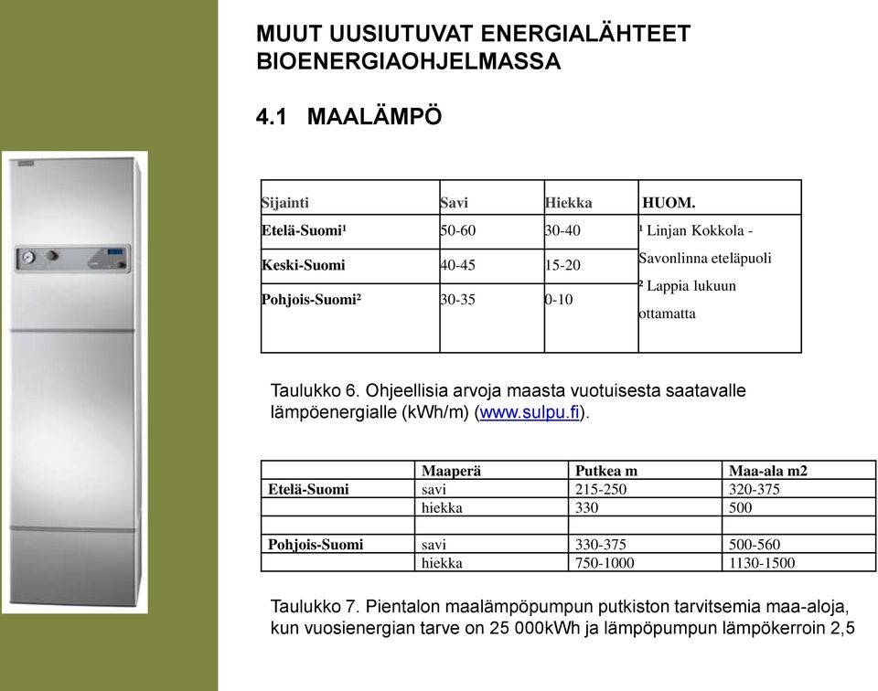 ottamatta Taulukko 6. Ohjeellisia arvoja maasta vuotuisesta saatavalle lämpöenergialle (kwh/m) (www.sulpu.fi).