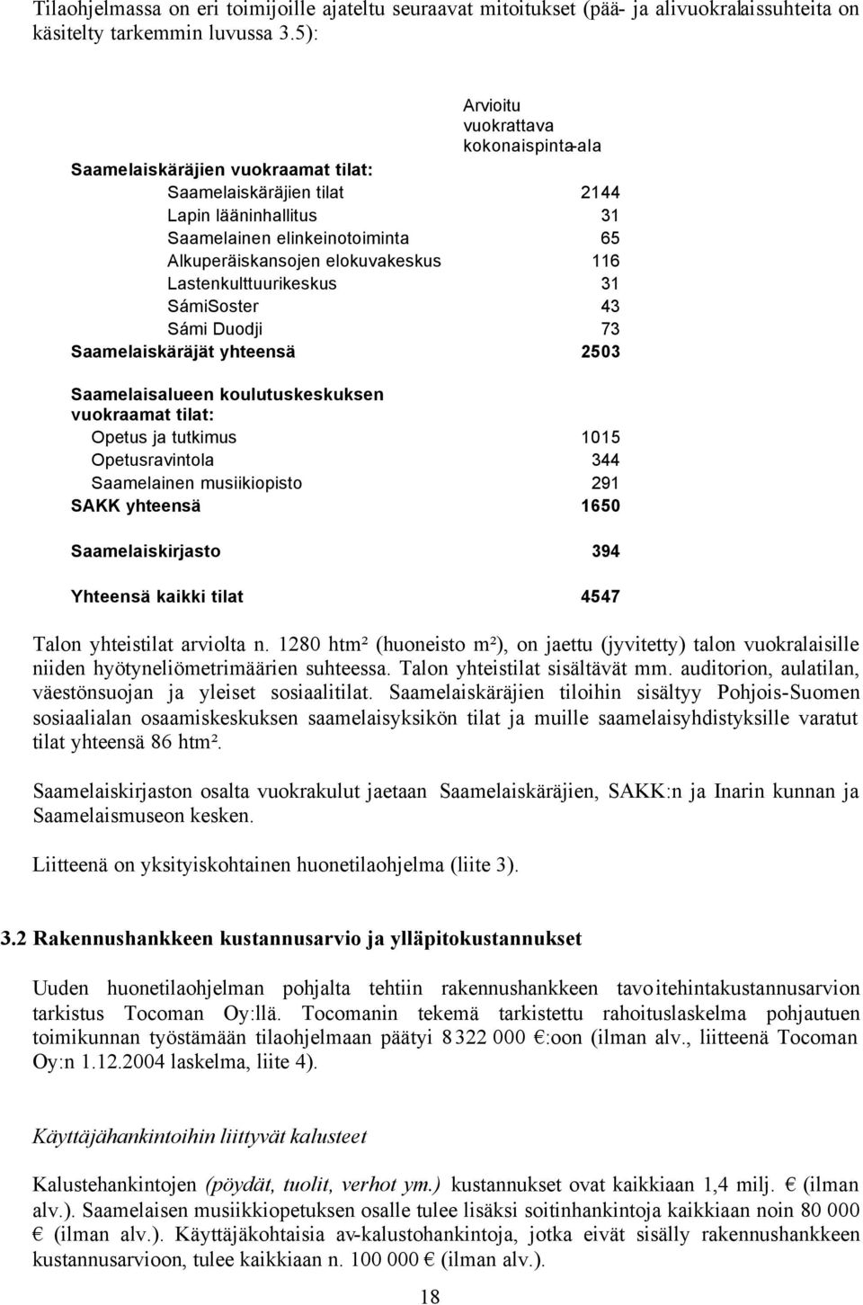 116 Lastenkulttuurikeskus 31 SámiSoster 43 Sámi Duodji 73 Saamelaiskäräjät yhteensä 2503 Saamelaisalueen koulutuskeskuksen vuokraamat tilat: Opetus ja tutkimus 1015 Opetusravintola 344 Saamelainen