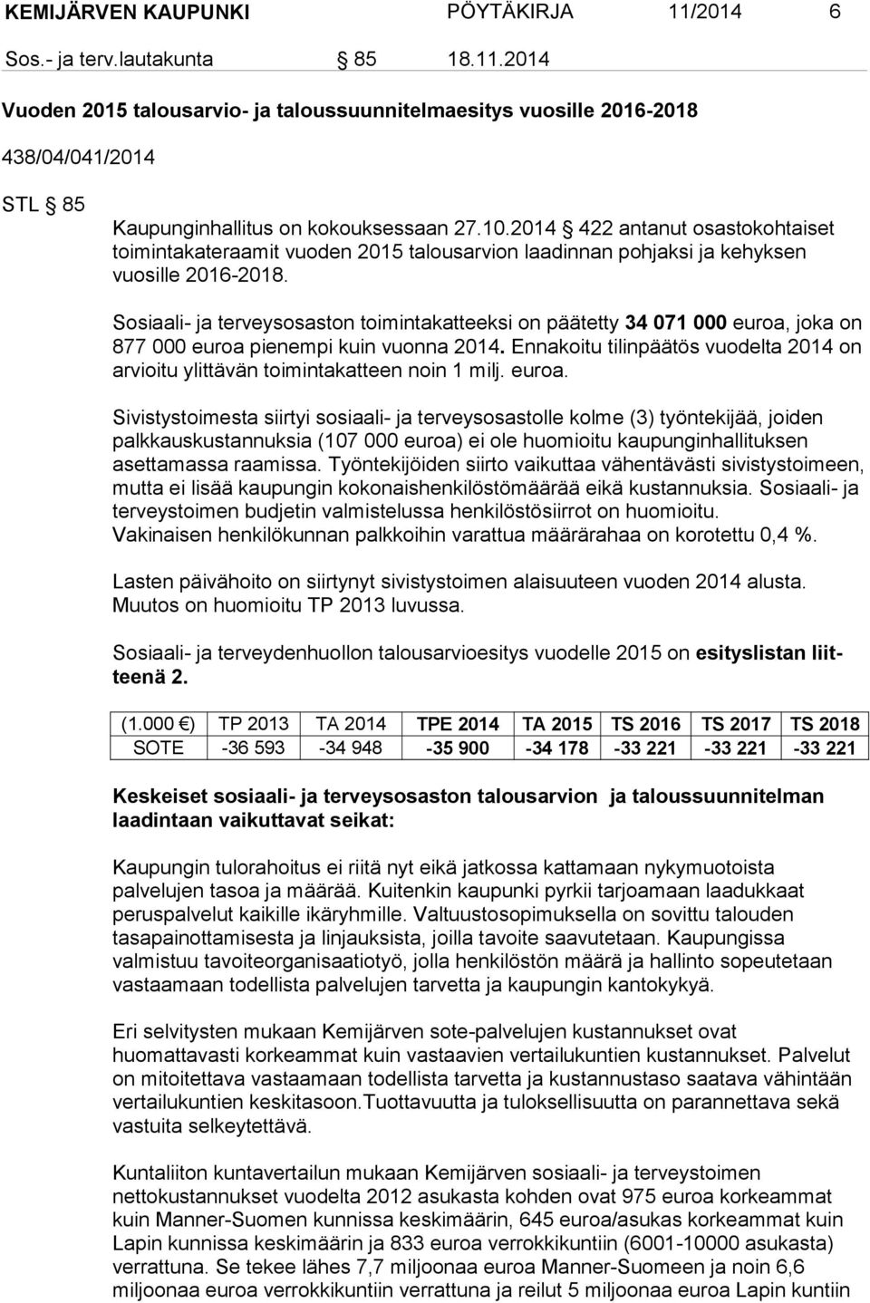 Sosiaali- ja terveys osas ton toi min ta kat teeksi on päätetty 34 071 000 euroa, joka on 877 000 euroa pienempi kuin vuonna 2014.