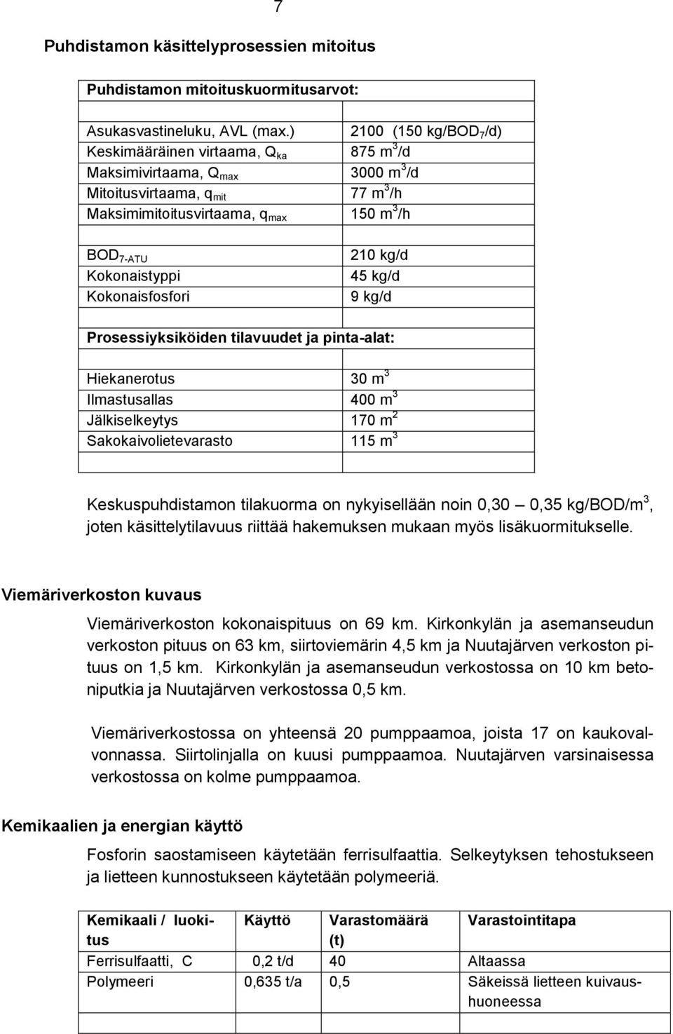 Kokonaistyppi Kokonaisfosfori 210 kg/d 45 kg/d 9 kg/d Prosessiyksiköiden tilavuudet ja pinta-alat: Hiekanerotus 30 m 3 Ilmastusallas 400 m 3 Jälkiselkeytys 170 m 2 Sakokaivolietevarasto 115 m 3