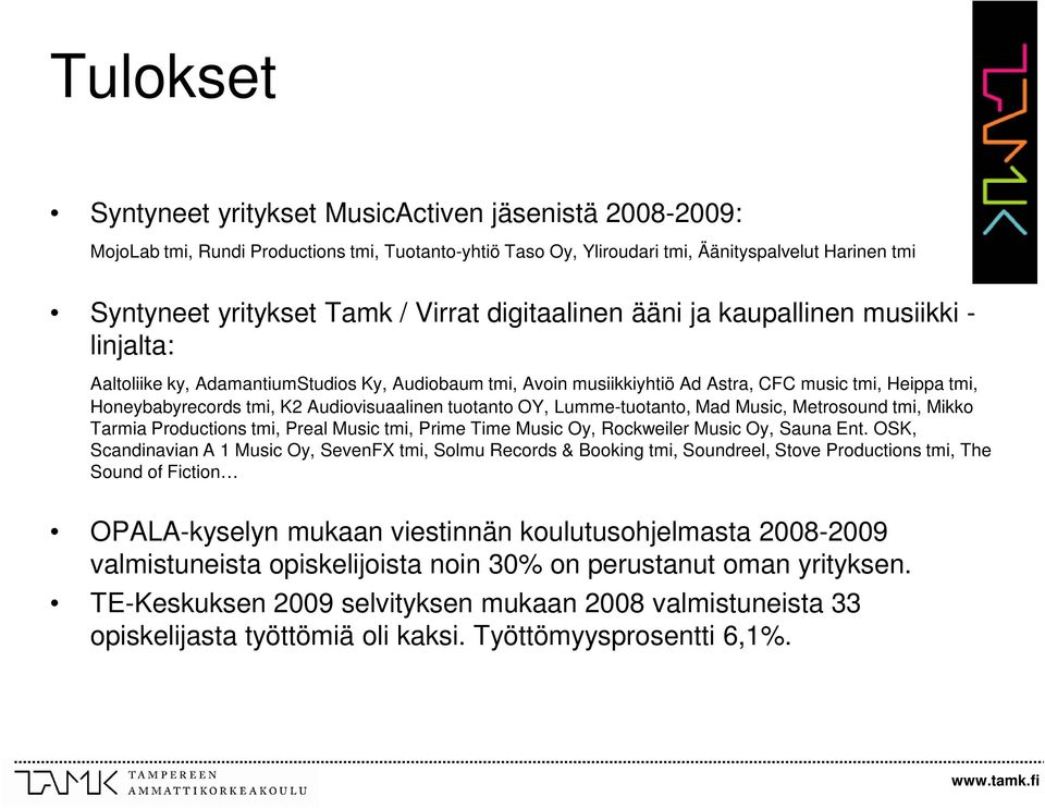 Audiovisuaalinen tuotanto OY, Lumme-tuotanto, Mad Music, Metrosound tmi, Mikko Tarmia Productions tmi, Preal Music tmi, Prime Time Music Oy, Rockweiler Music Oy, Sauna Ent.