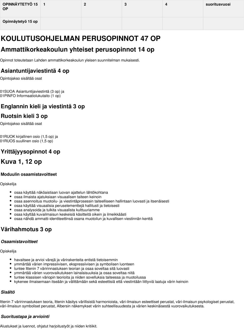 Asiantuntijaviestintä 4 op Opintojakso sisältää osat 01SUOA Asiantuntijaviestintä ( op) ja 01PINFO Informaatiolukutaito (1 op) Englannin kieli ja viestintä op Ruotsin kieli op Opintojakso sisältää