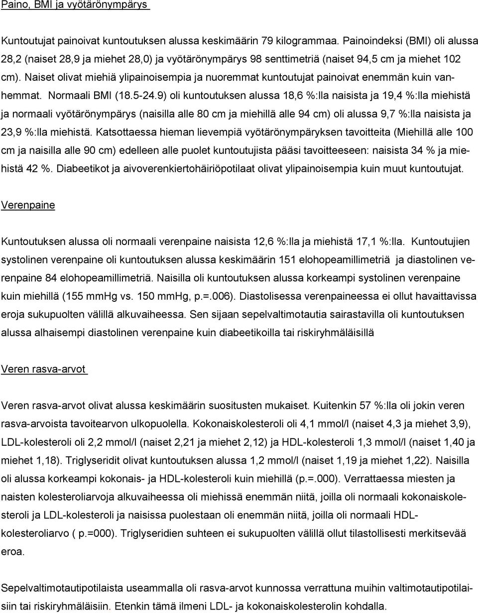 Naiset olivat miehiä ylipainoisempia ja nuoremmat kuntoutujat painoivat enemmän kuin vanhemmat. Normaali BMI (18.5-24.