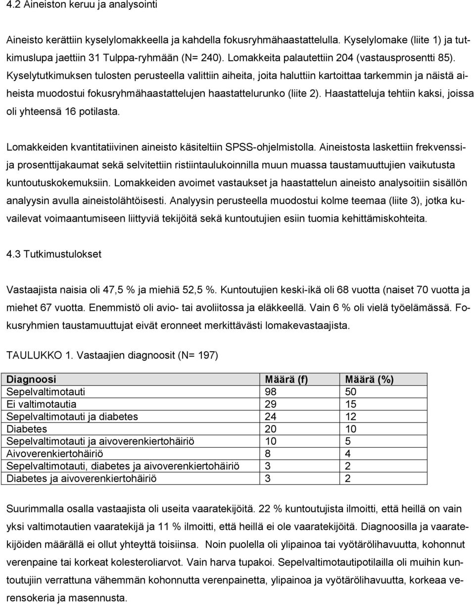 Kyselytutkimuksen tulosten perusteella valittiin aiheita, joita haluttiin kartoittaa tarkemmin ja näistä aiheista muodostui fokusryhmähaastattelujen haastattelurunko (liite 2).