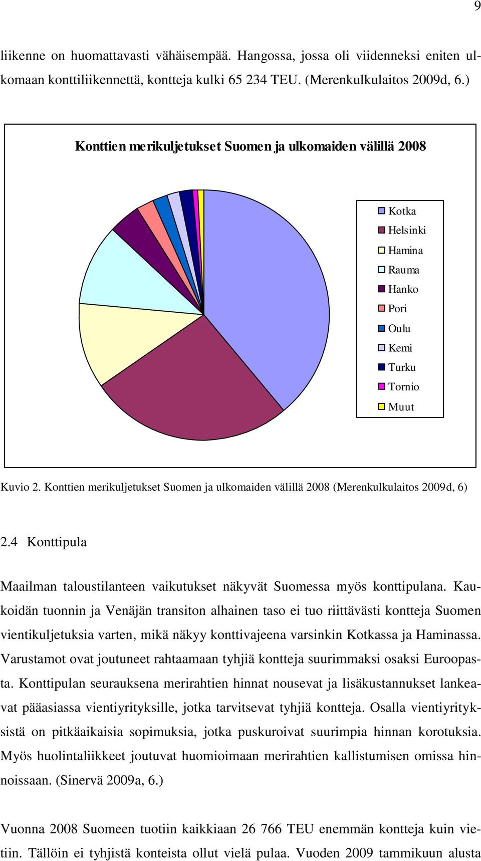 Konttien merikuljetukset Suomen ja ulkomaiden välillä 2008 (Merenkulkulaitos 2009d, 6) 2.4 Konttipula Maailman taloustilanteen vaikutukset näkyvät Suomessa myös konttipulana.