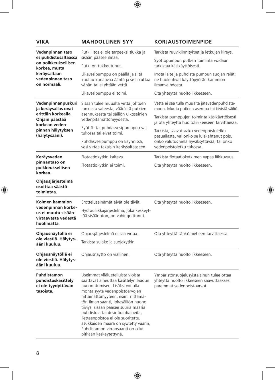 Likavesipumppu ei toimi. Tarkista ruuvikiinnitykset ja letkujen kireys. Syöttöpumpun putken toiminta voidaan tarkistaa käsikäyttöisesti.