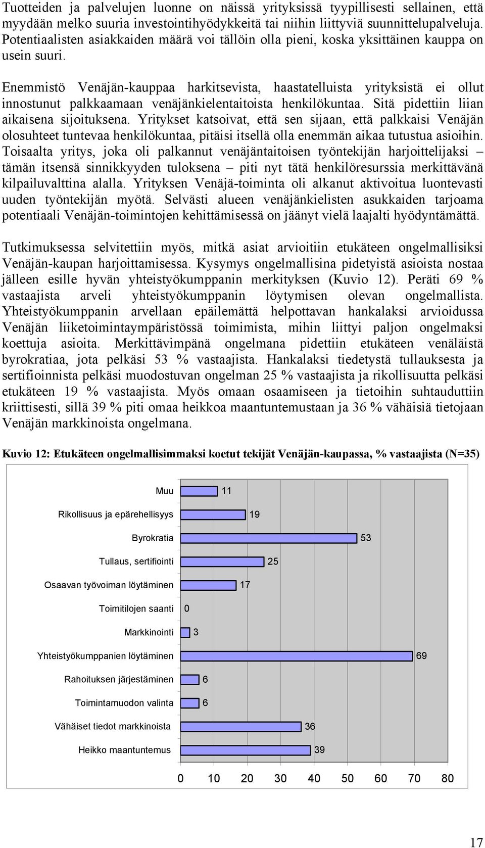 Enemmistö Venäjän-kauppaa harkitsevista, haastatelluista yrityksistä ei ollut innostunut palkkaamaan venäjänkielentaitoista henkilökuntaa. Sitä pidettiin liian aikaisena sijoituksena.