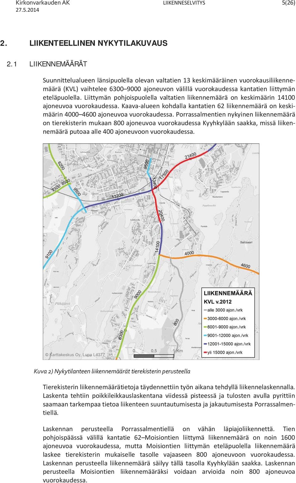 Liittymän pohjoispuolella valtatien liikennemäärä on keskimäärin 14100 ajoneuvoa vuorokaudessa. Kaava-alueen kohdalla kantatien 62 liikennemäärä on keskimäärin 4000 4600 ajoneuvoa vuorokaudessa.