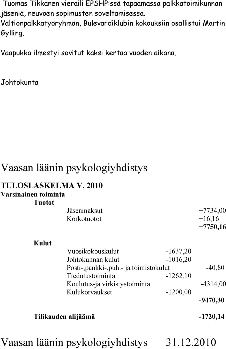 Johtokunta Vaasan läänin psykologiyhdistys TULOSLASKELMA V.